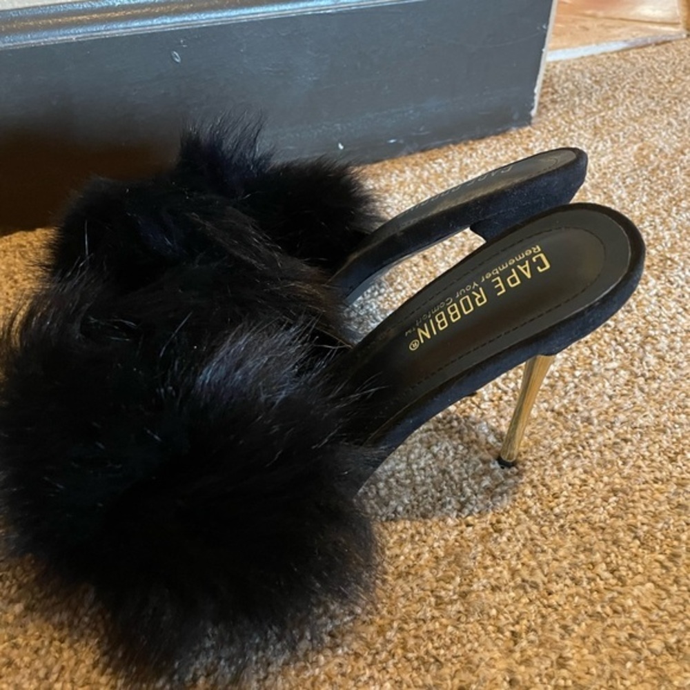 Cape Robbin furry peep toe gold stiletto heels